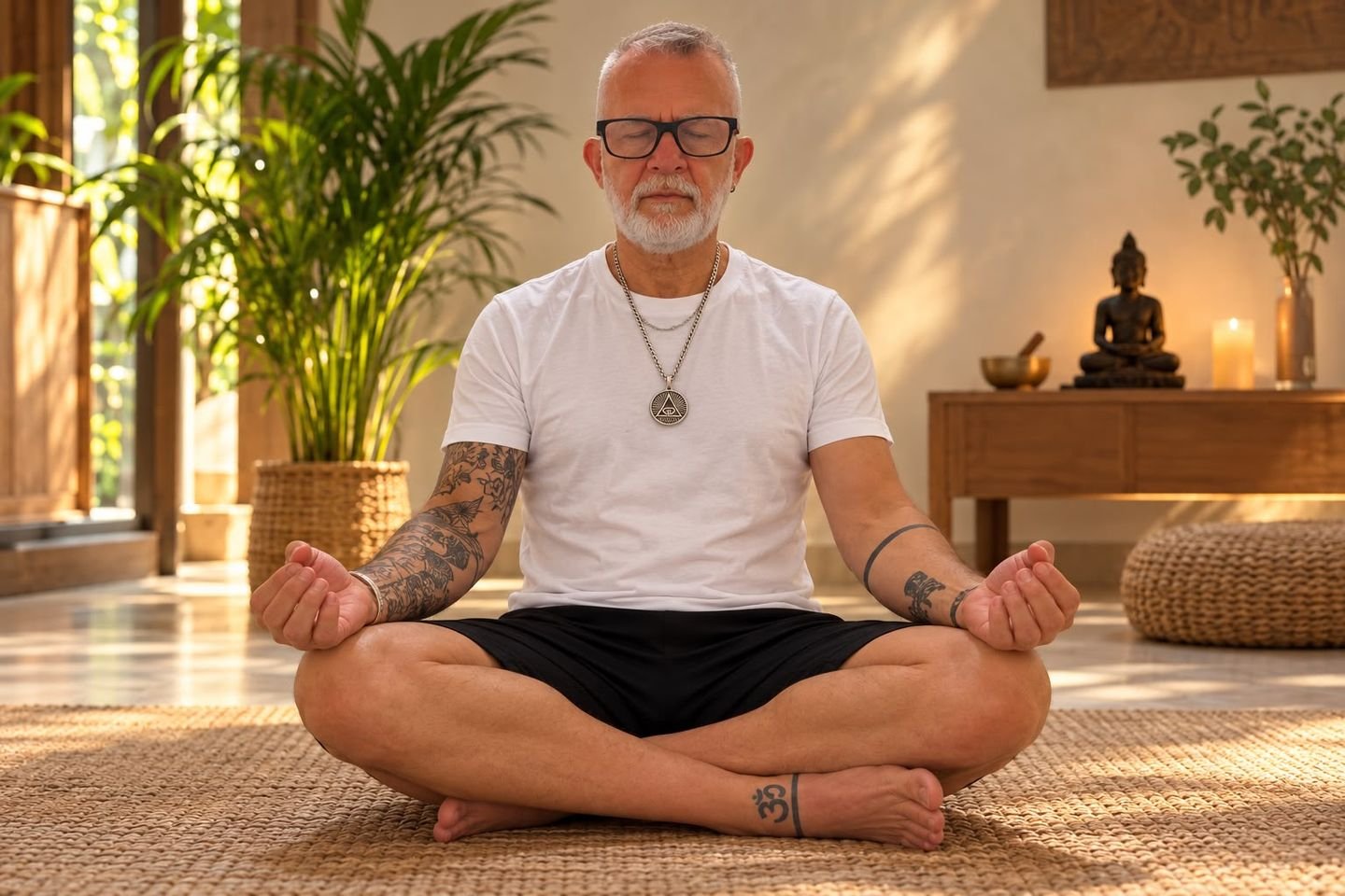 Antonio Medina meditando sentado en una sala con luz natural